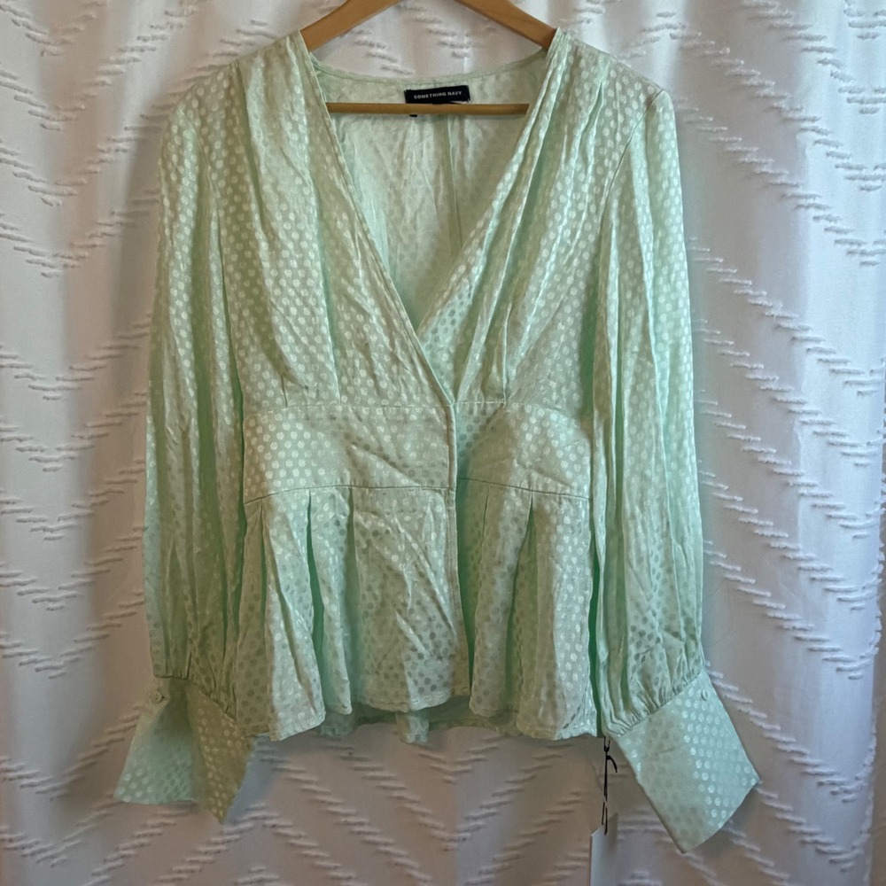 NWT Something Navy Green Aqua Polka Dot Jacquard Peplum Blouse Top Medium